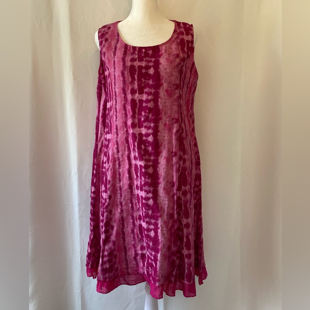 Women's 100% Linen Fuchsia Mineral Wash Sleeveless Summer Dress MD Resortwear